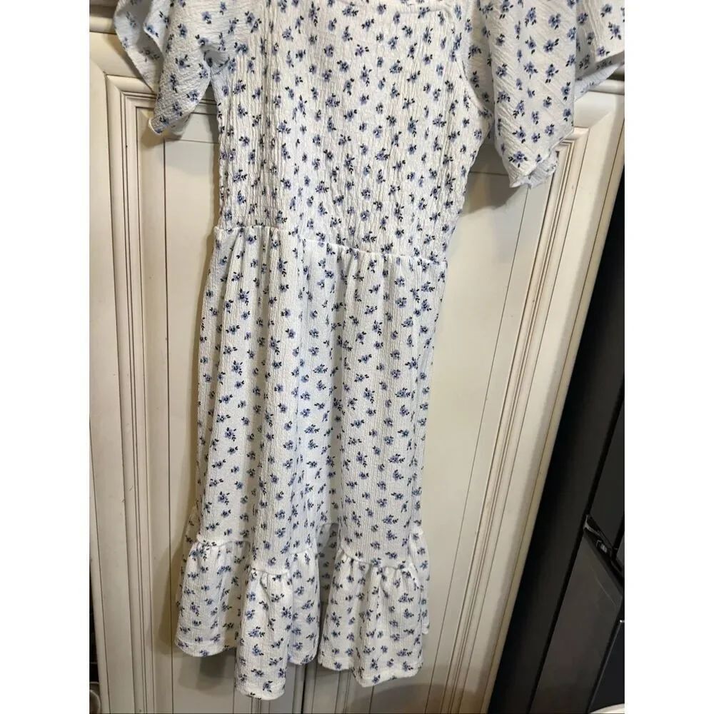 Zara Girls Floral Smocked Bodice Tiered Ruffle Sundress Blue White Size 13-14